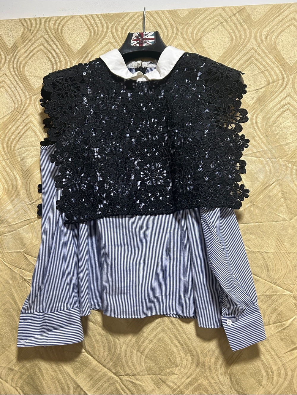Women’s Striped Button-Down Shirt with Black Lace Bib Collar